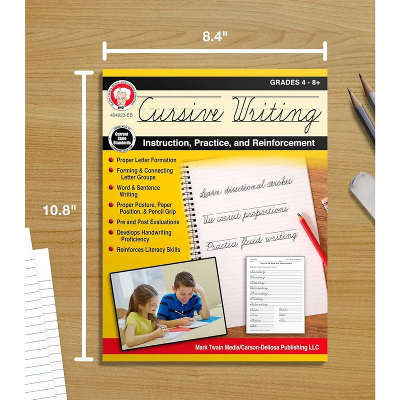 Mark Twain Cursive Writing Book, Letter Formation, Sight Words, Sentence Building Skill, and More Handwriting Practice for Kids, 4th Grade Workbook and Up
