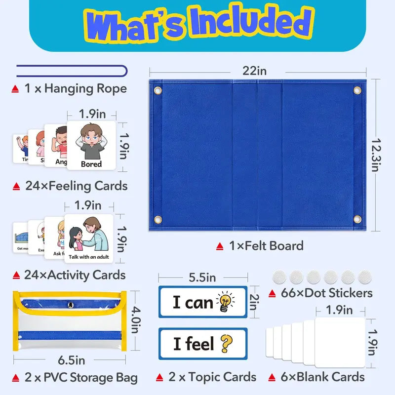Torlam Unisex Felt Feelings & Emotions Learning Chart Activity Board - Stress Relief Toy, Social Emotional Learning Tool, Behavior Management Aid, 24 Activity Ideas, Classroom Supplies, Sticker-Equipped Flashcard Set for Emotional Skills Calm Down Corner