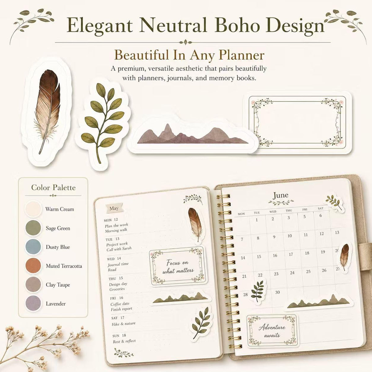 Boho Planner Stickers for Women – 30 Pages ADHD Friendly Decorative Stickers, Monthly Weekly Planning, Work Labels, Self Care, Productivity & Motivation Stickers for Journals and Planners