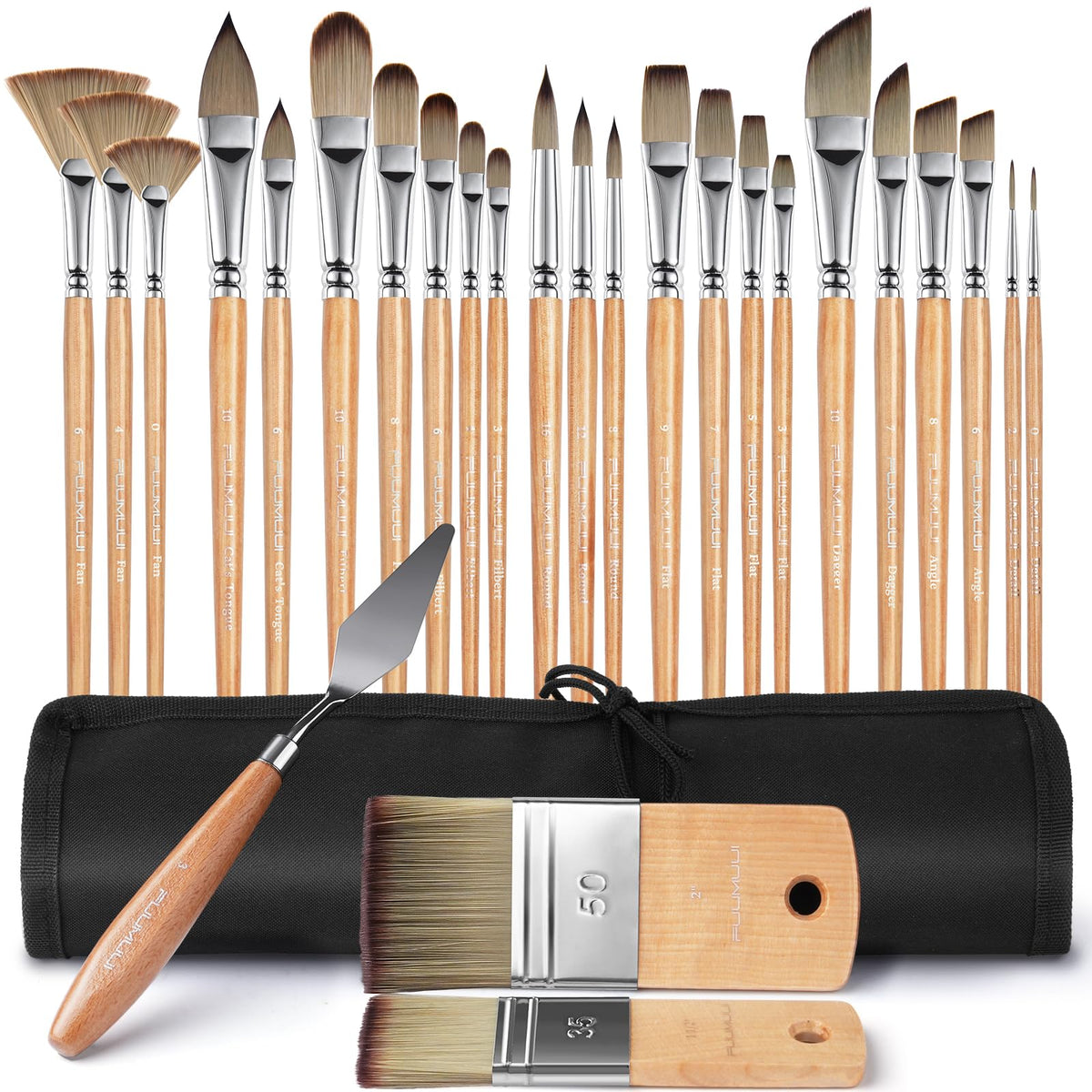 Fuumuui 26pcs Professional Paint Brush Set - High-Grade Series Synthetic Nylon Paint Brushes for Landscape, Acrylic, Oil, Watercolor, Gouache - Multi-Functional Universal Free Style for Art Supplies