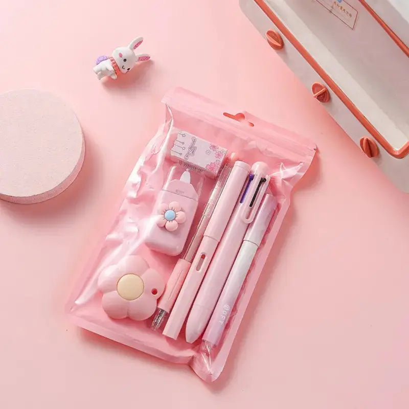 7-Piece Aesthetic Study Kit, Kawaii Pastel School Supplies Haul with Liquid Gel Pens, Mechanical Pencil, Eraser, Highlighter, Correction Tape, Pencil Case Organizer, Scrapbooking Supplies, Teen Girl Graduation Gift Set for College Students