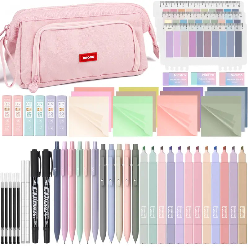 Nicpro 71PCS Bible Journaling Book Annotation Kit - Office Stationery Study Materials with Large Capacity Pink Pencil Pouch, Highlighters, Pens, Graphite Mechanical Pencils, Sticky Notes, Tabs for Women, Gift Option