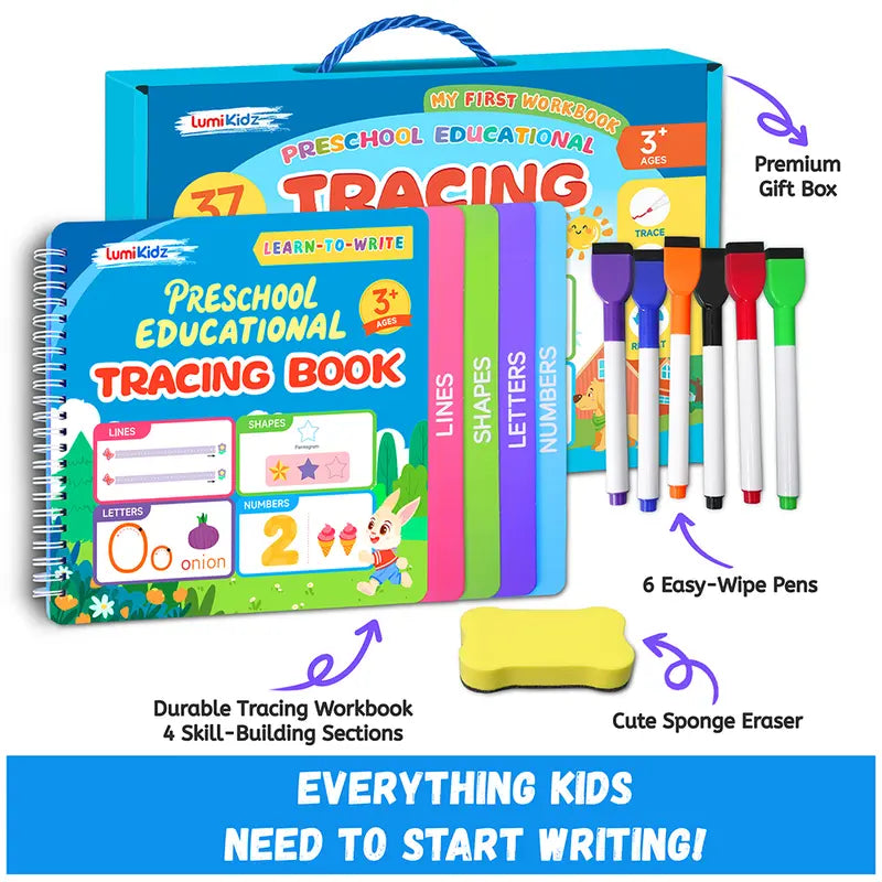 LUMIKIDZ Preschool Handwriting Tracing Paperbook Workbook Set for 3+ Years Boys & Girls, School Must-Haves Office Stationery with Phonics Alphabet Chart, Markers, Printed Pages, Tracing Fun, Muscle Development & Early Literacy Children's Day Gift