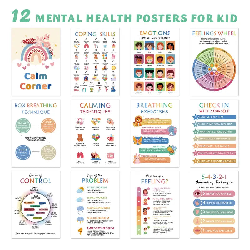12 Calming Corner Posters (10x8) - Feelings Wheel Chart & Emotions Poster, Calming Corner Supplies For Therapy, Mental Health  Laminated Toddler Educational Wall Posters
