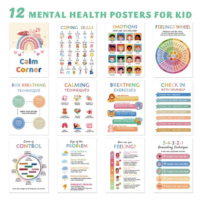 12 Calming Corner Posters (10x8) - Feelings Wheel Chart & Emotions Poster, Calming Corner Supplies For Therapy, Mental Health  Laminated Toddler Educational Wall Posters