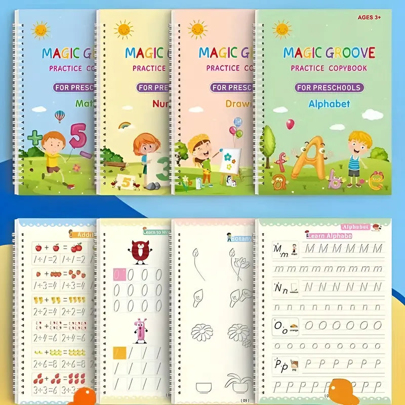 Magic Practice Copybook Reusable Practice Set - 4-Book Calligraphy Learning Tool with Pens for Preschool Kids Age 3-8, Preschool Learning Materials