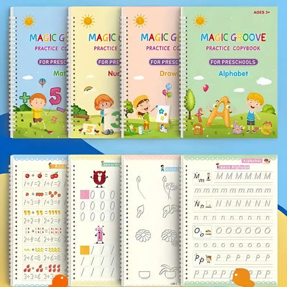 Magic Practice Copybook Reusable Practice Set - 4-Book Calligraphy Learning Tool with Pens for Preschool Kids Age 3-8, Preschool Learning Materials