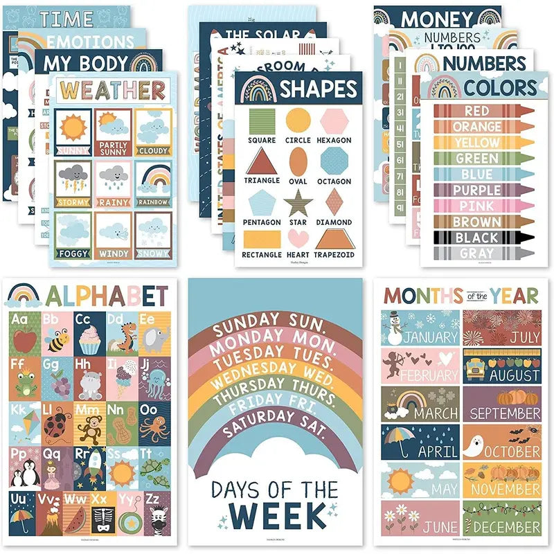 Hadley Designs Boho Early Learning Poster Pack - 16 PreK Educational 11x17 USA Made Laminated Posters for Classroom & Homeschool