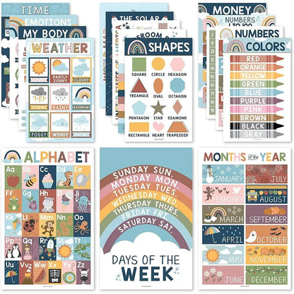 Hadley Designs Boho Early Learning Poster Pack - 16 PreK Educational 11x17 USA Made Laminated Posters for Classroom & Homeschool