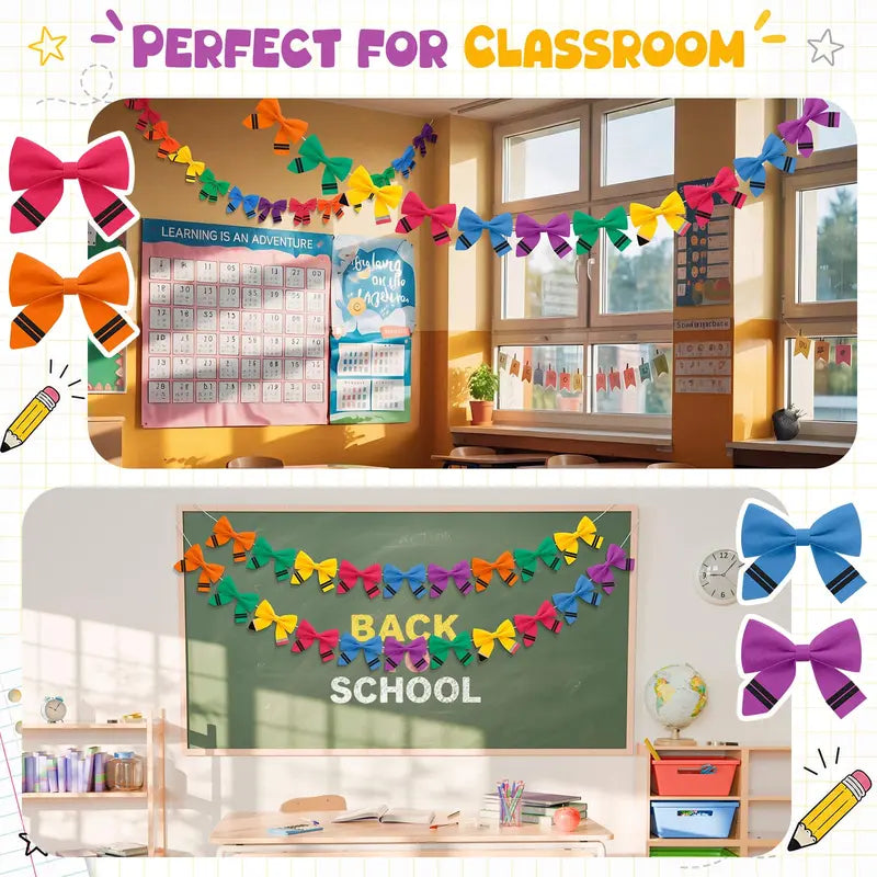 Back to School Classroom Decor Pencil Bow Felt Banner for Wall Door Chalkboard Whiteboard Bulletin Board Decor First Day of School Teachers Office Preschool Kindergarten Elementary Toddlers Homeschool Classroom Setup Hanging Garland Banners Photo Props