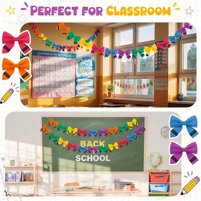 Back to School Classroom Decor Pencil Bow Felt Banner for Wall Door Chalkboard Whiteboard Bulletin Board Decor First Day of School Teachers Office Preschool Kindergarten Elementary Toddlers Homeschool Classroom Setup Hanging Garland Banners Photo Props