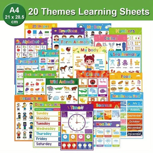 20 Educational Posters for Kids with Protective Film, Abc Letters, Numbers, Colors, Animals, Weather, Learning Materials, Teaching Supplies, Perfect for Preschool Classroom Decor