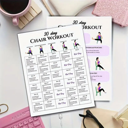 30-Day Chair Workout Set Poster, 2 Counts/set Chair Yoga Guide, Full Body Workout Guide, Chair Exercise Challenge, Summer Body Workup, Chair Stretching, Learning Tool, Learning Materials