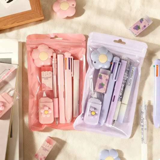 New Pastel Kawaii 7-Piece Assorted Stationery Set - Back to School Hauls Student Essentials with Ballpoint Pen, Retractable Gel Pen, Eraser, Correction Tape, Fun Desk Supplies for Girls, Home Use (1/4 Sets Option)