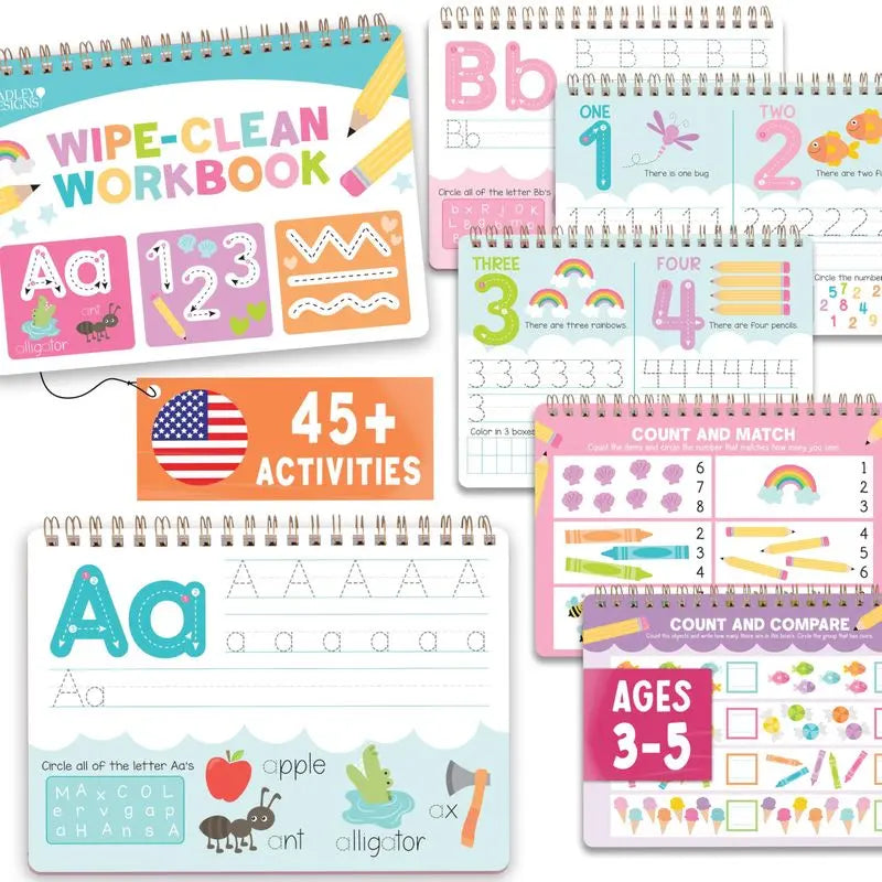 Hadley Designs 174-Piece Busy Book Learning Bundle (Ages 3-5) - Homeschool Handwriting Practice Kit, Montessori Play Tool, 4 Grooved Alphabet Books, Dry-Erase Surface, Reusable Ink, Visual Charts, Kindergarten Readiness, Fine Motor Skills Builder
