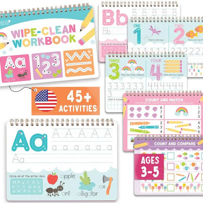 Hadley Designs 174-Piece Busy Book Learning Bundle (Ages 3-5) - Homeschool Handwriting Practice Kit, Montessori Play Tool, 4 Grooved Alphabet Books, Dry-Erase Surface, Reusable Ink, Visual Charts, Kindergarten Readiness, Fine Motor Skills Builder