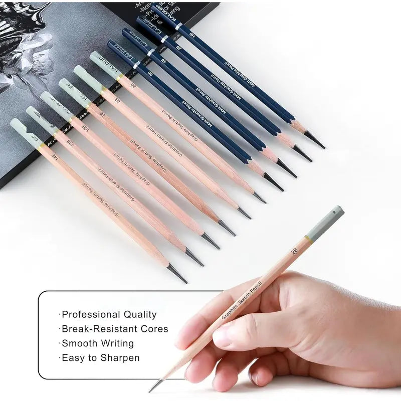 25- Professional Sketch Pencil Set with Matte and Regular Pencils - Includes Vinyl Eraser, Kneaded Eraser, Sharpener, Pencil Extender and Blending Stump - Ideal for Artists and Beginners