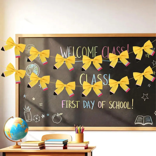 Back to School Classroom Decor Pencil Bow Felt Banner for Wall Door Chalkboard Whiteboard Bulletin Board Decor First Day of School Teachers Office Preschool Kindergarten Elementary Toddlers Homeschool Classroom Setup Hanging Garland Banners Photo Props
