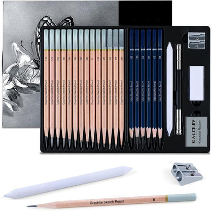 25- Professional Sketch Pencil Set with Matte and Regular Pencils - Includes Vinyl Eraser, Kneaded Eraser, Sharpener, Pencil Extender and Blending Stump - Ideal for Artists and Beginners