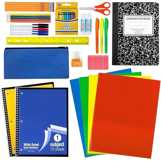 Essential School Supply Kit 45-Piece Set for Grades K-12 Includes Folders Notebooks Pencils Pens Crayons Ruler Scissors and More Perfect for Students and Educators