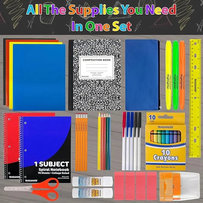 Essential School Supply Kit 45-Piece Set for Grades K-12 Includes Folders Notebooks Pencils Pens Crayons Ruler Scissors and More Perfect for Students and Educators