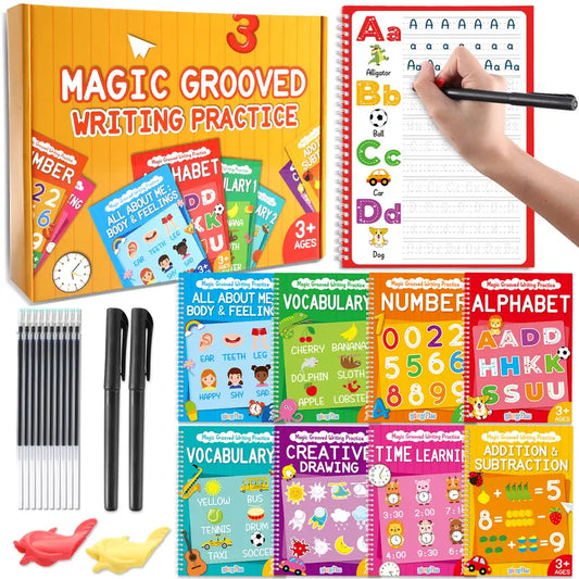 8 Pieces Magic Grooved Writing Practice copybooks Disappearing Ink Pens Reusable Groove Workbooks Tracing Handwriting Practice Without Tears for Kids Kindergarten Preschool Supplies,10.2 x 7.3inch,back to school,back to school shopping
