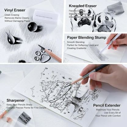 25- Professional Sketch Pencil Set with Matte and Regular Pencils - Includes Vinyl Eraser, Kneaded Eraser, Sharpener, Pencil Extender and Blending Stump - Ideal for Artists and Beginners