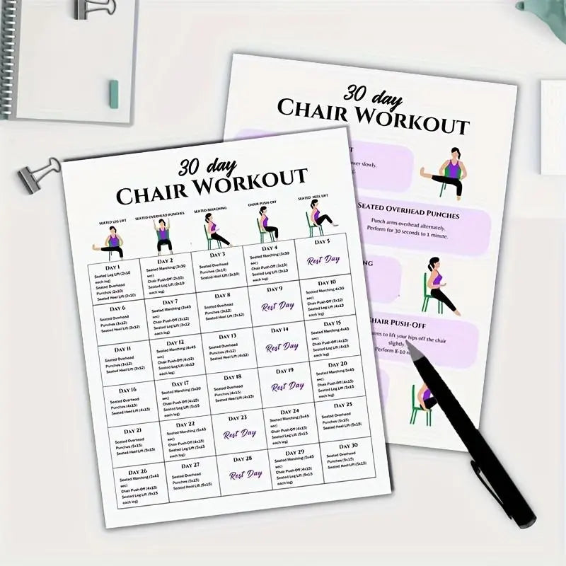30-Day Chair Workout Set Poster, 2 Counts/set Chair Yoga Guide, Full Body Workout Guide, Chair Exercise Challenge, Summer Body Workup, Chair Stretching, Learning Tool, Learning Materials