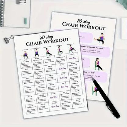 30-Day Chair Workout Set Poster, 2 Counts/set Chair Yoga Guide, Full Body Workout Guide, Chair Exercise Challenge, Summer Body Workup, Chair Stretching, Learning Tool, Learning Materials