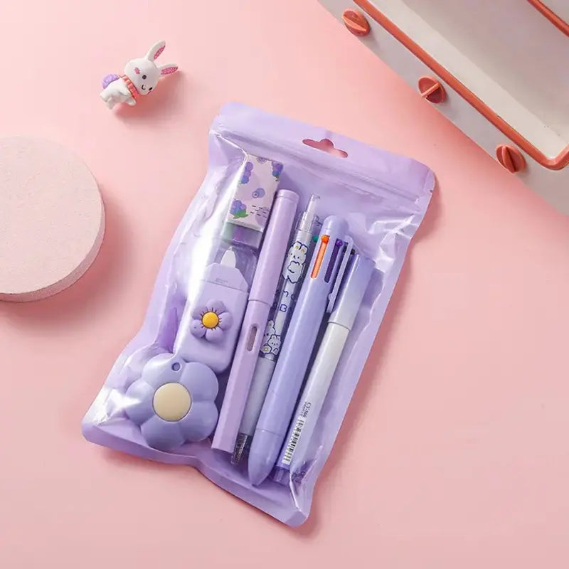7-Piece Aesthetic Study Kit, Kawaii Pastel School Supplies Haul with Liquid Gel Pens, Mechanical Pencil, Eraser, Highlighter, Correction Tape, Pencil Case Organizer, Scrapbooking Supplies, Teen Girl Graduation Gift Set for College Students