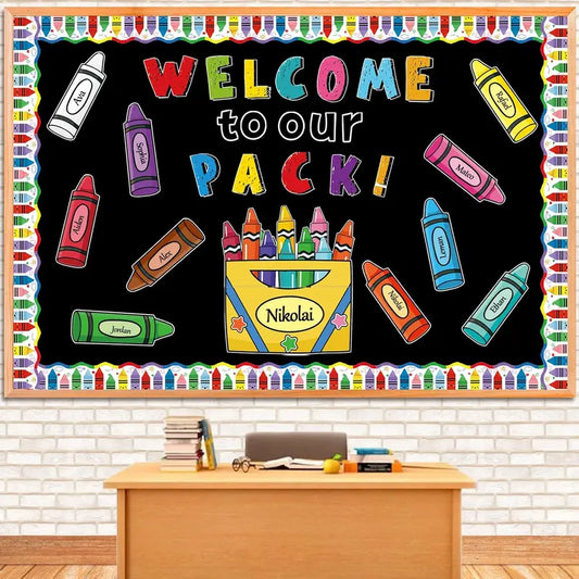 Crayon Theme 87-Count Classroom Bulletin Board Decor Set, Back to School Office Stationery with 9.2x3 Inches Paper Card Name Tags (Bordered), 13 Inches Blackboard Decor for Windows & School Supplies