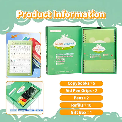 Reusable Disappearing Ink Handwriting Practice Copybook Set - 5 Books, 2 Pens, 10 Refills, 2 Grips, School Supplies for Kids, Back to School Haul Gift, Traveling-Friendly Fades Out Ink Office Stationery