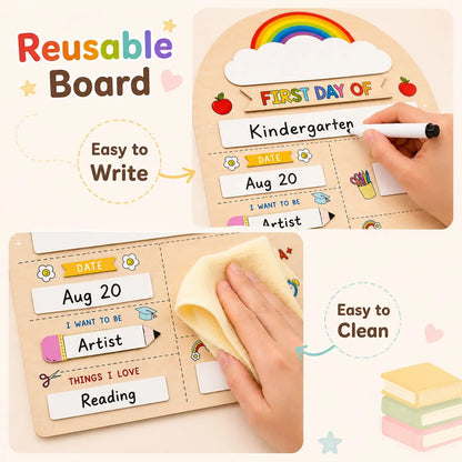 1 PC first day of school sign, Wooden material Reusable Dry Erase Milestone Board with Pink Bow, Back to School Photo Prop for Preschool, Kindergarten and Kids,  Easy to Write & Clean Board, Blank Slate