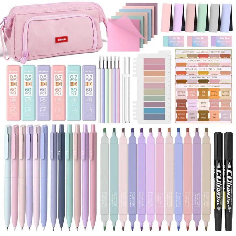 Nicpro 71-Pack Bible Journaling Stationary Set, Polyester Zipper Pen Case, 18 No-Bleed Highlighters, Colored Pens, 6 Mechanical Pencils with 360 Lead Refills, Book Annotation Kit, for Women & Travel/Cosmetic Use