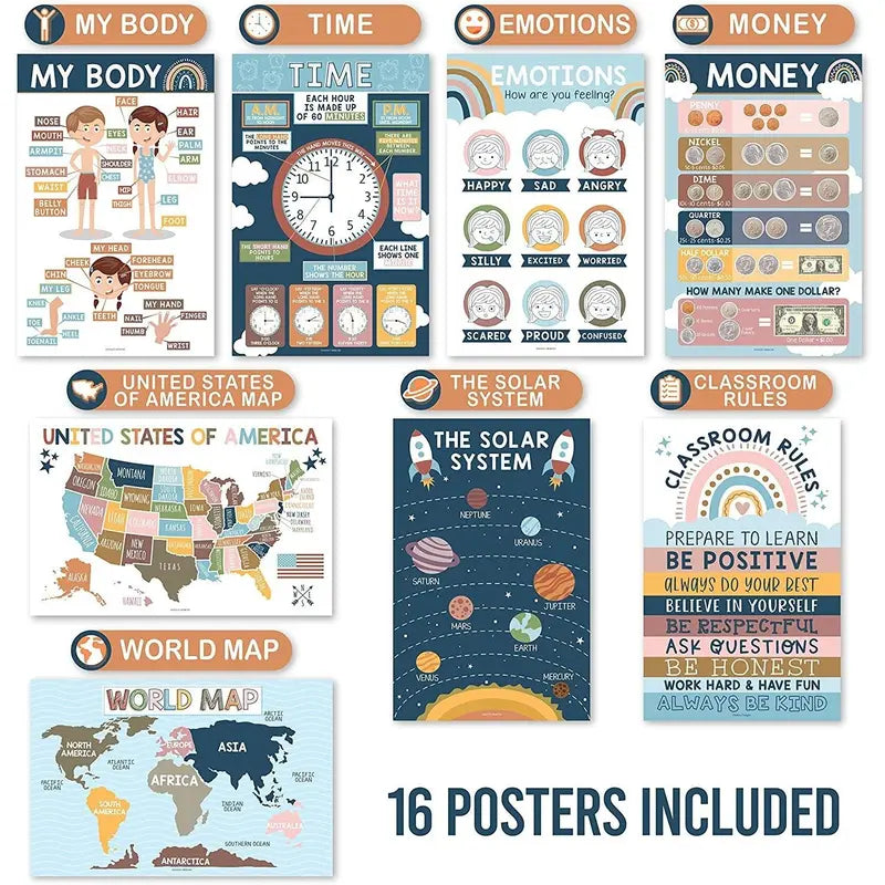 Hadley Designs Boho Early Learning Poster Pack - 16 PreK Educational 11x17 USA Made Laminated Posters for Classroom & Homeschool