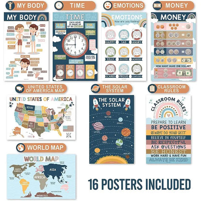 Hadley Designs Boho Early Learning Poster Pack - 16 PreK Educational 11x17 USA Made Laminated Posters for Classroom & Homeschool