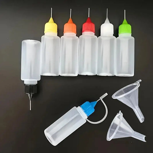8pcs Precision Tip Applicator Bottles, 0.34oz, Durable Plastic - 6 Random Colors, Includes 2 Mini Funnels for DIY Crafts, Painting, Ink, Acrylic Art