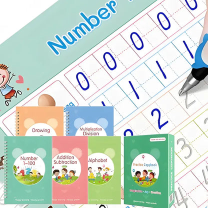 Reusable Disappearing Ink Handwriting Practice Copybook Set - 5 Books, 2 Pens, 10 Refills, 2 Grips, School Supplies for Kids, Back to School Haul Gift, Traveling-Friendly Fades Out Ink Office Stationery