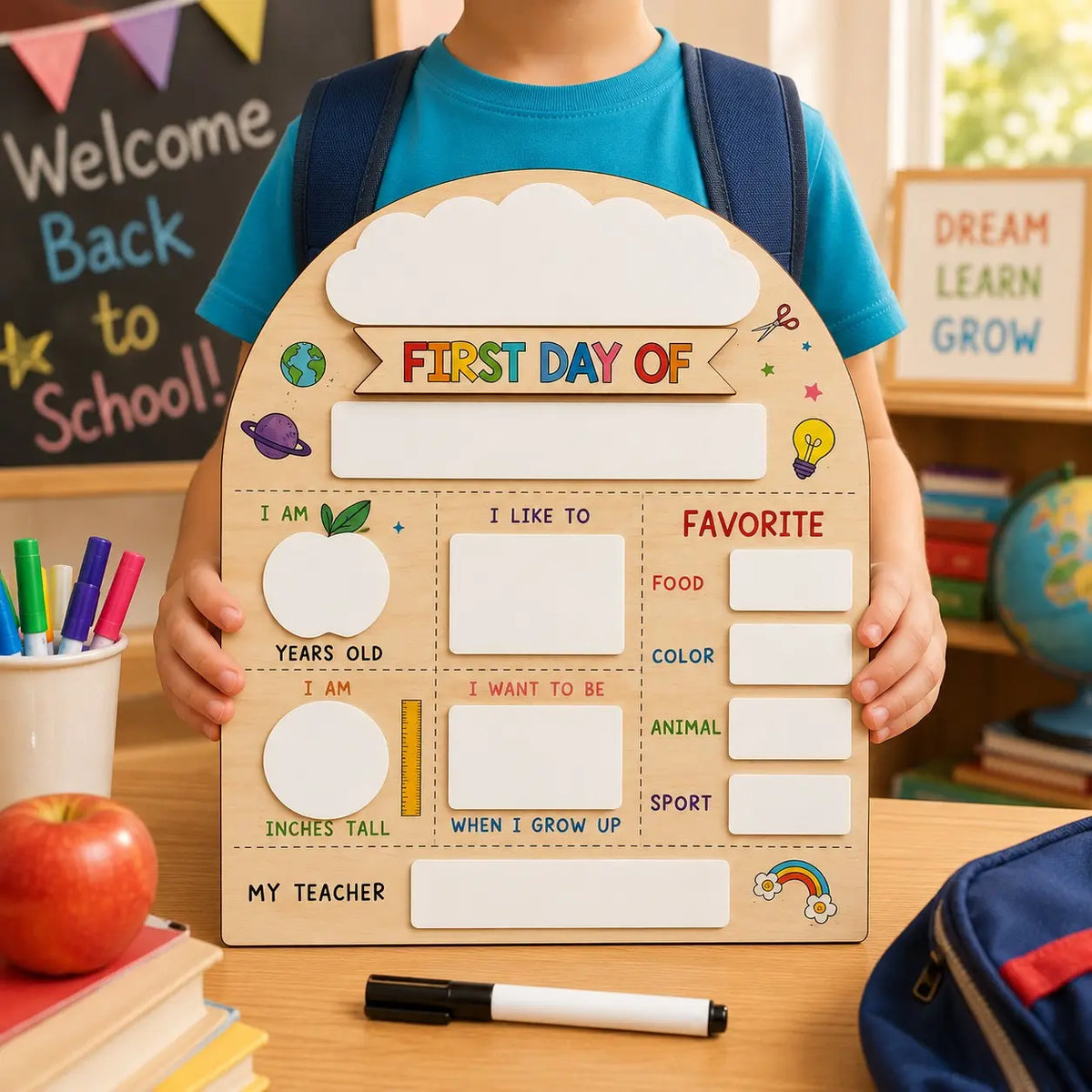 1 PC first day of school sign, Wooden material Reusable Dry Erase Milestone Board with Pink Bow, Back to School Photo Prop for Preschool, Kindergarten and Kids,  Easy to Write & Clean Board, Blank Slate