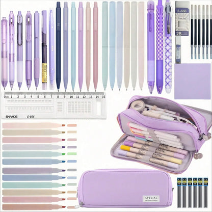 50 Pcs Morandi Stationery Set, Classroom, Office & School Study Supplies, Includes Pencil Case, 8 Pcs Black Gel Pens, 6 Pcs 0.5mm Mechanical Pencils, 12 Pcs Pastel Highlighters, Sticky Notes, Eraser, Ruler, Gifts