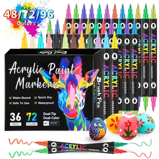 Professional Dual-Tip Acrylic Paint Pens Kit (96/72/48 Pcs) - Multi-Surface Acrylic Markers for Rock, Glass, Wood, Fabric, Plastic, Ceramic | Art Materials, Artist Bundle, Colorful Marker Set for Back-to-School DIY Painting Supplies