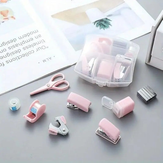 8 Piece Office Stationery Set, Includes Portable Tape Dispenser, Puncher, Stapler, Small Tape, Pen Holder, Scissors, 500 Staples, Paperclip Organizer, Office Supplies