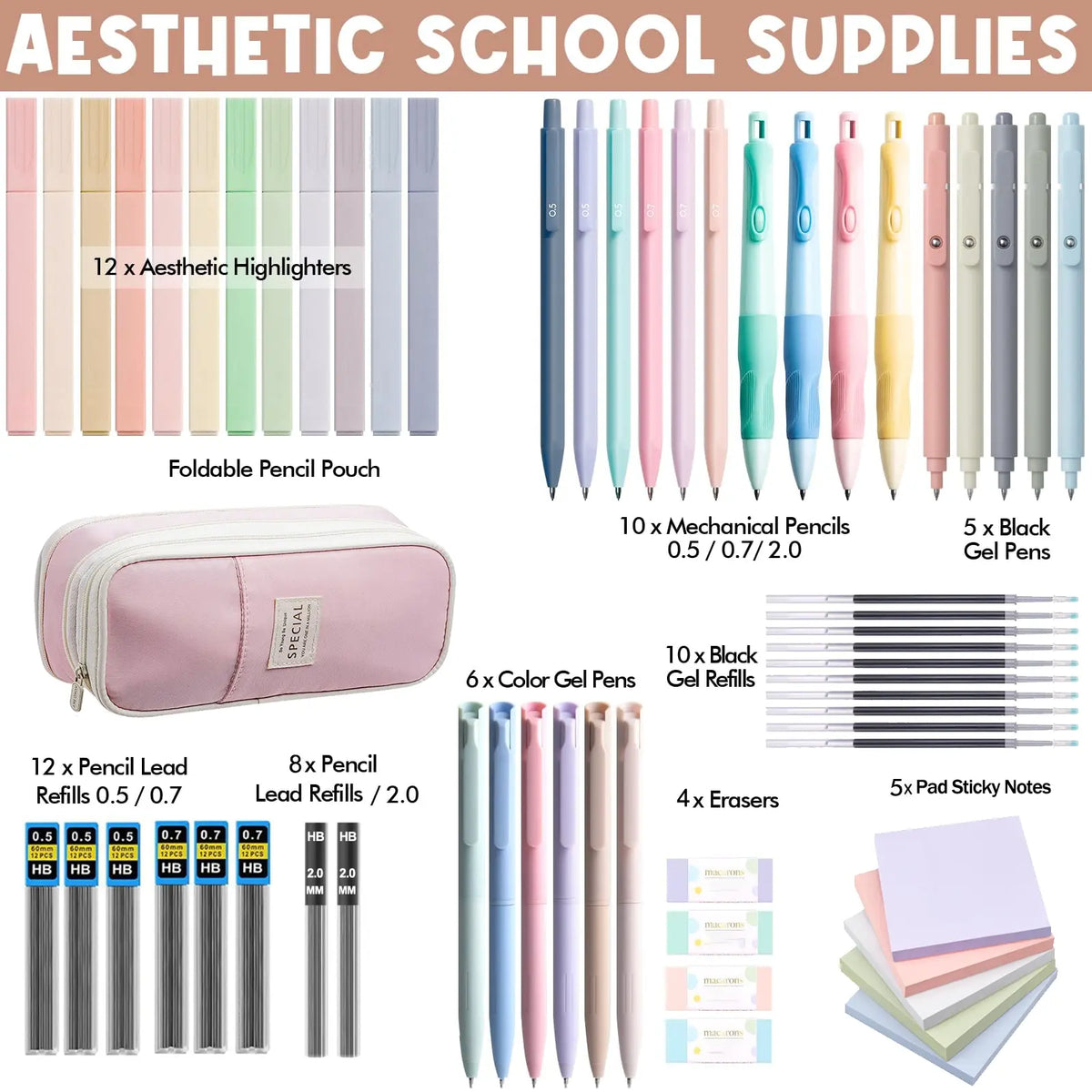 Aesthetic Office School Stationery Set, School Study Supplies, Including Highlighter, Gel Pen, Mechanical Pencil, Pencil Case and Accessories, Cute Writing Utensils, Student Essentials
