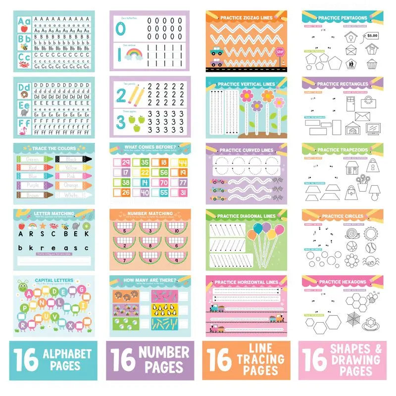 Hadley Designs 174-Piece Busy Book Learning Bundle (Ages 3-5) - Homeschool Handwriting Practice Kit, Montessori Play Tool, 4 Grooved Alphabet Books, Dry-Erase Surface, Reusable Ink, Visual Charts, Kindergarten Readiness, Fine Motor Skills Builder
