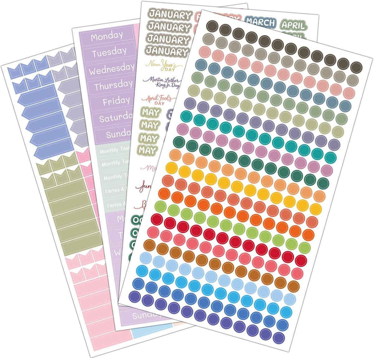 1917 Pcs Date Dot Stickers for Daily Planner Calendar Bullet Journal Notebook, Monthly Weekly Headings, Dates, Icons, 1/5 inch Dots, 10 Sheets