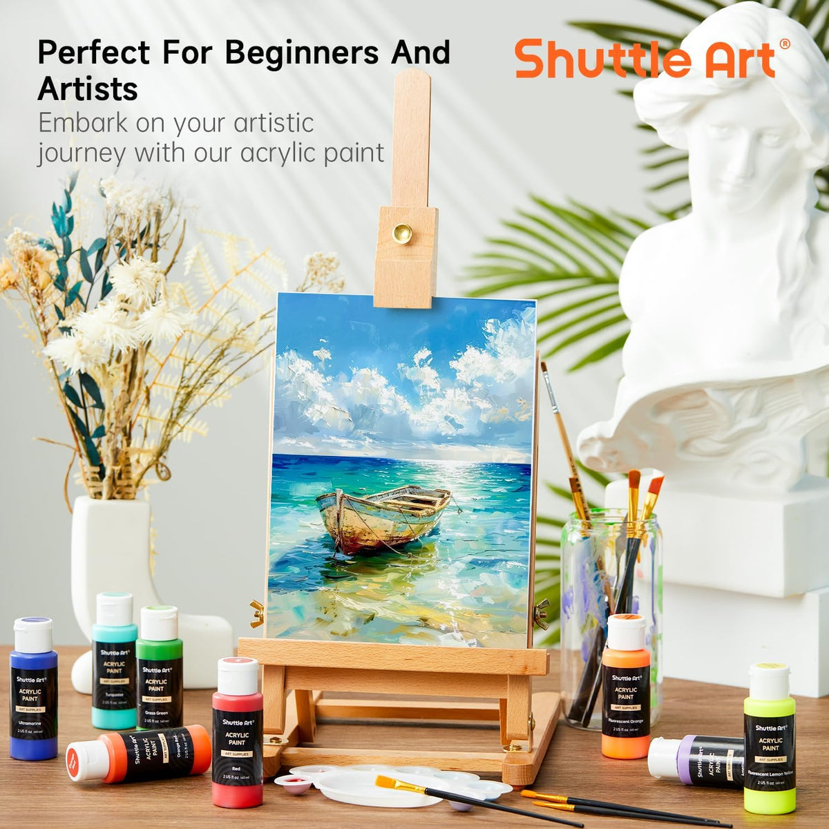 Shuttle Art Acrylic Paint, 36 Colors Acrylic Paint Set with Brushes & Palette, 2oz/60ml Bottles, Rich Pigments Non-toxic for Artists Kids & Adults, Painting on Canvas Rocks Ceramic Wood