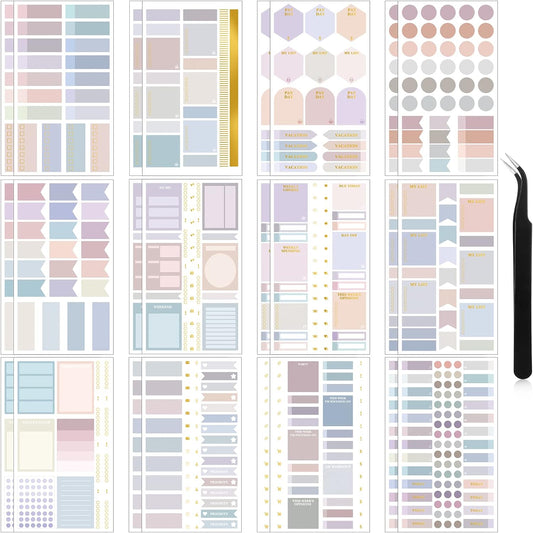 Ctosree 24 Sheets Planner Stickers with Tweezer to Do List, Pastel Color