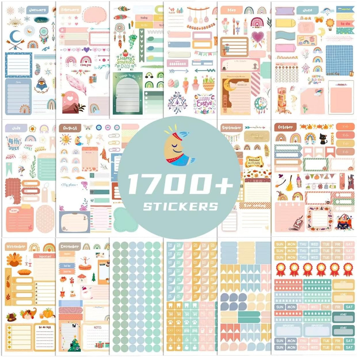 Joyberg 1700+ Planner Stickers - 24 Calendar Stickers Per Pack for Women to Add Colour and Interest to Your Schedule