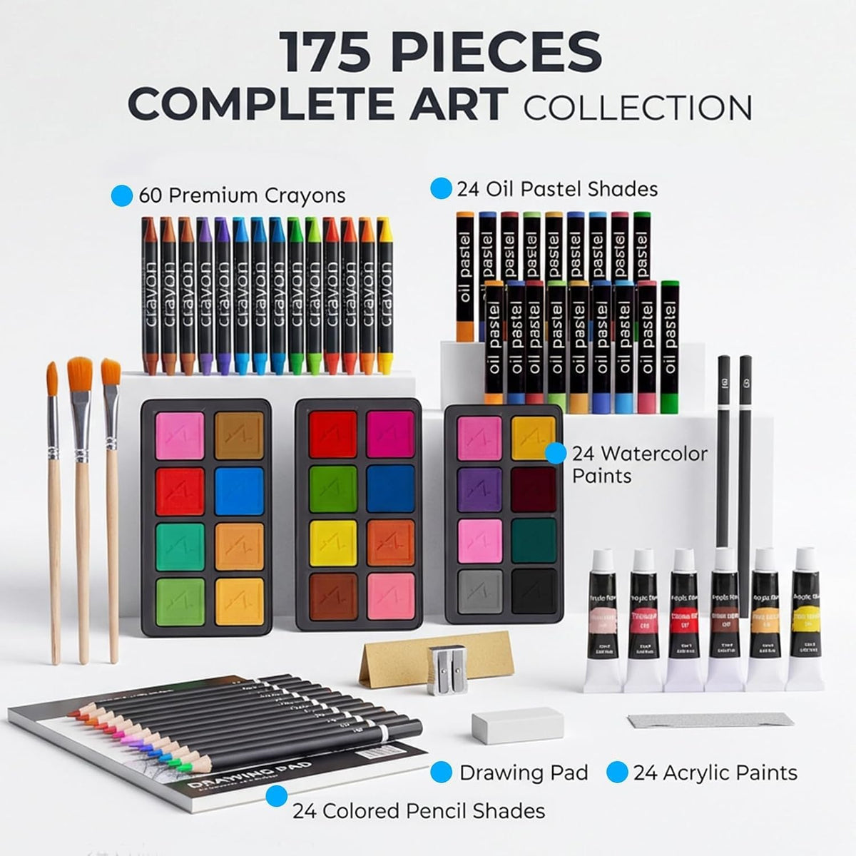 TMOL Art Supplies, 175-Pack Deluxe Art Set Drawing Painting Kit with 2 Drawing Pads, Acrylic Paints, Colored Pencils, Crayons, Art Kit in Wooden Case, Gift for Artist, Adults, Teens and Kids