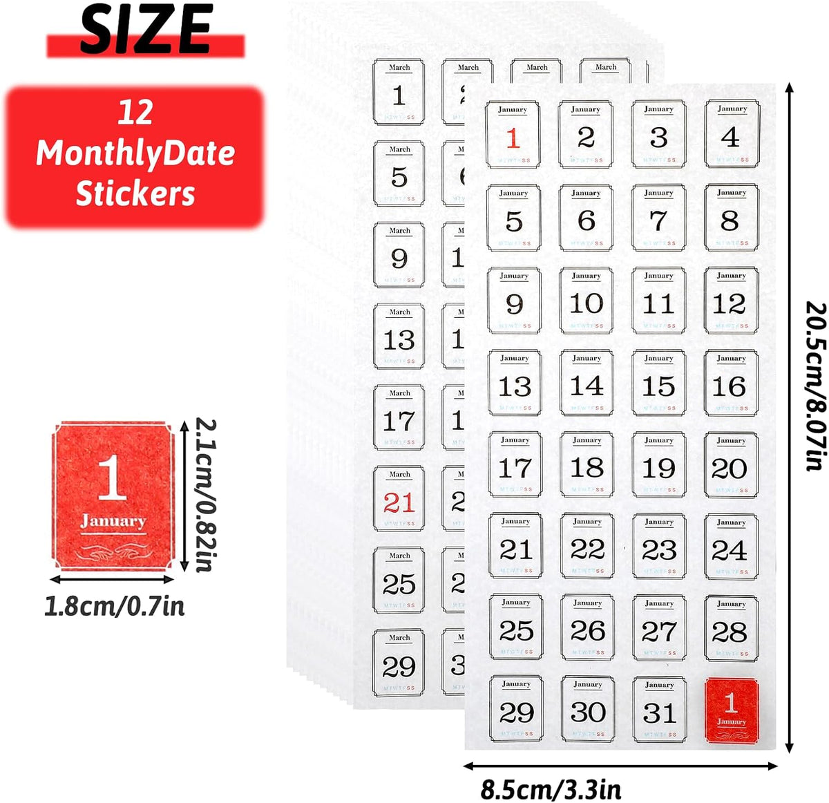 12 Monthly Calendar Number Stickers Translucent Sheets Daily Planner Accessories for Customizing Undated Planners, Calendar, Notebooks